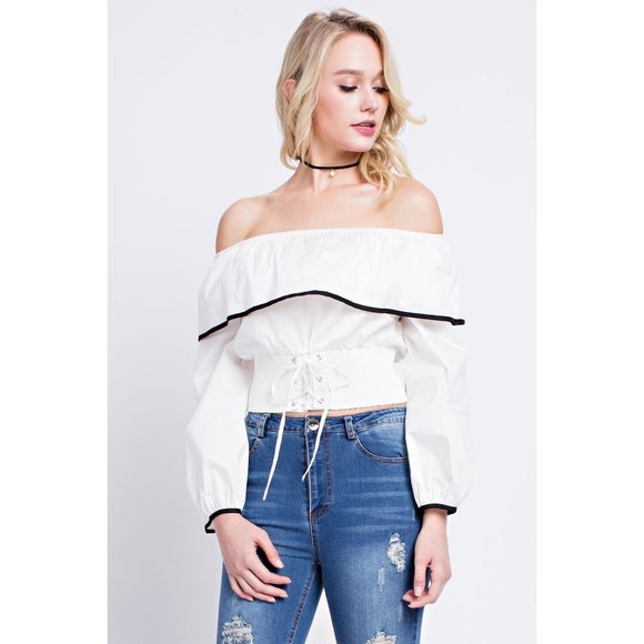 Women's Super Cute Comfy Off Shoulder Top With Contrast Detail Linning & Corset - Picture 2 of 10